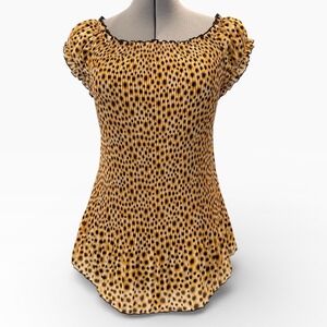 PIANO Women's Yellow Black Floral Pleated Smocked Top Cottagecore Shirt Size L